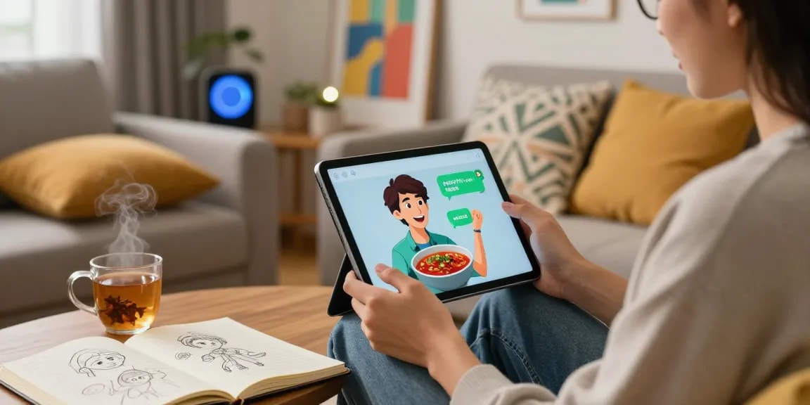 Engaging in a spicy chat with AI in a cozy living room, showcasing digital interaction.