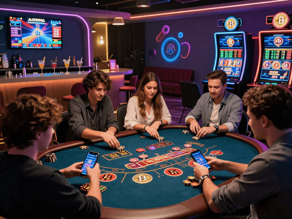 Engaging crypto casino scene with players enjoying games and digital wallets.