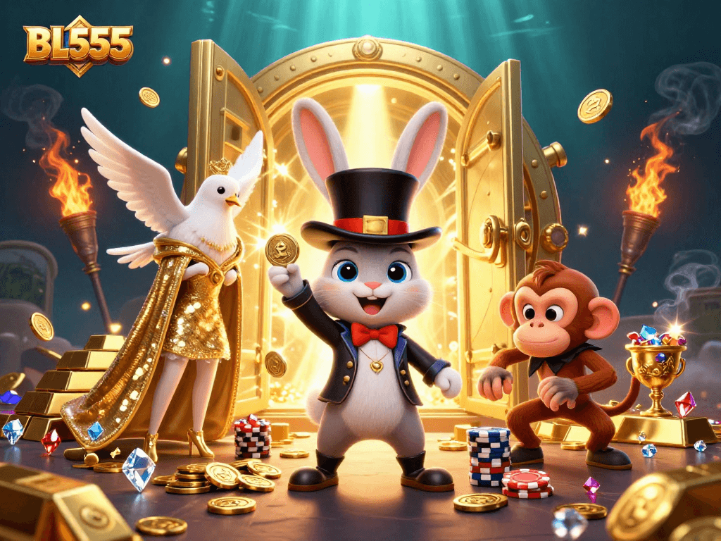 Experience thrilling gaming at BL555, with a magician rabbit and characters amidst a treasure-filled casino.
