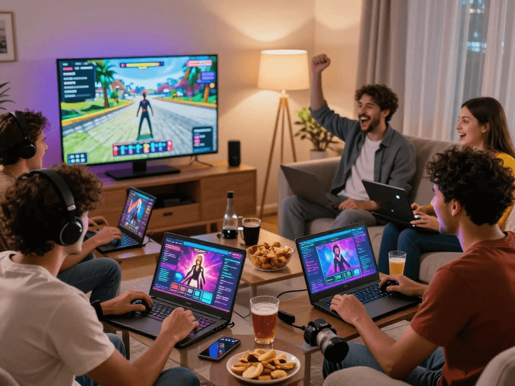 Players enjoying online porn games in a cozy living room setting, showcasing excitement in an immersive gaming experience.