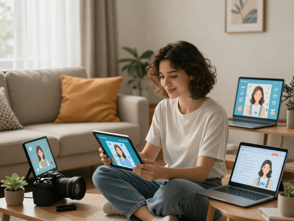 AI girlfriend concept with a young woman interacting with a tablet in a cozy living room, showcasing digital companionship.