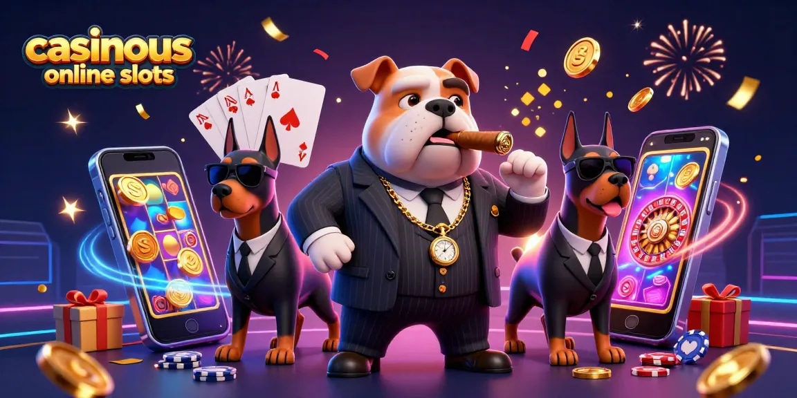 Experience casinous online slots featuring a bulldog mob boss with vibrant slot elements.