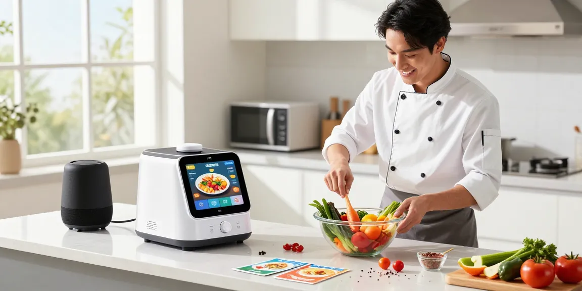Home cook using AI cooking gadgets to create vibrant dish in a modern kitchen.