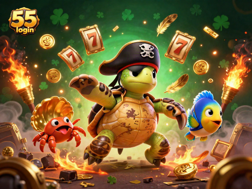 Engage with the vibrant 55 club login scene featuring a pirate turtle, crab, and fish amidst thrilling casino elements.