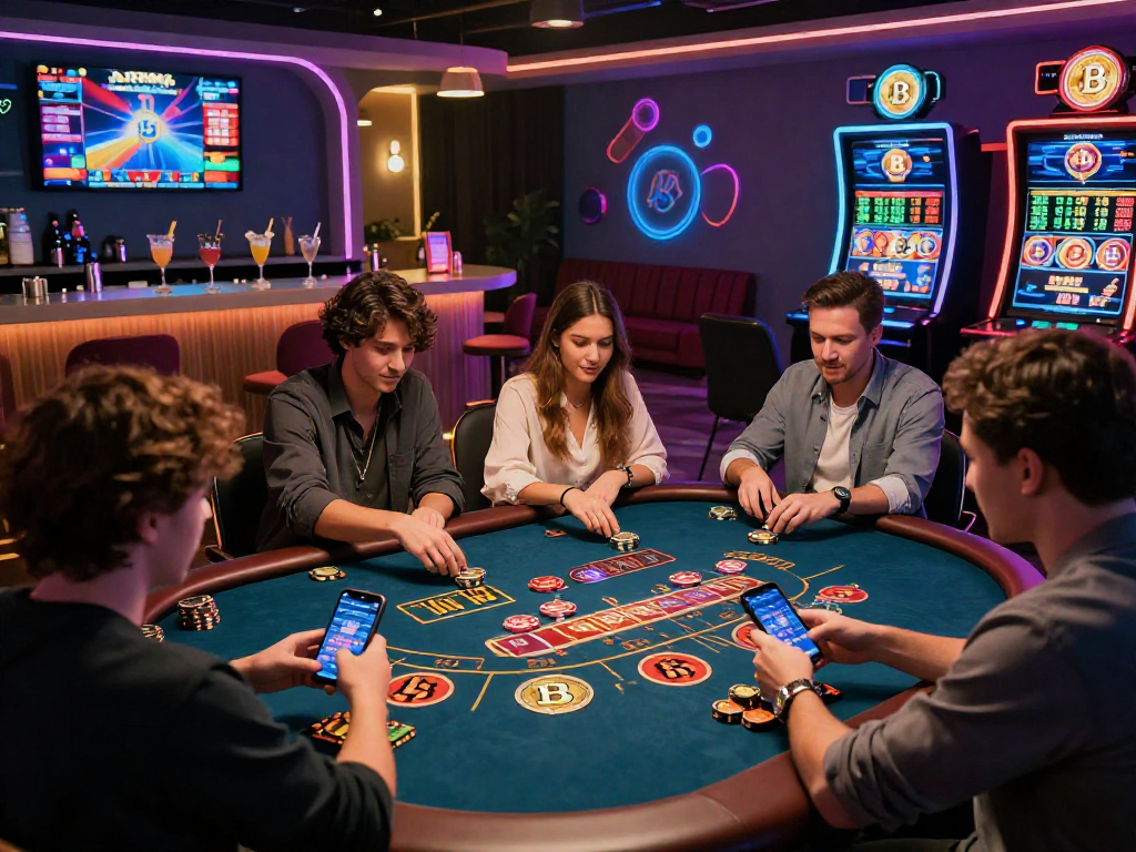 Engaging crypto casino scene with players enjoying games and digital wallets.