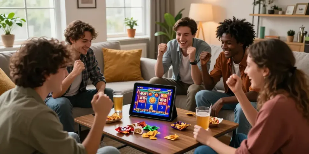 Friends enjoying online slots at non GamStop casinos in a lively living room