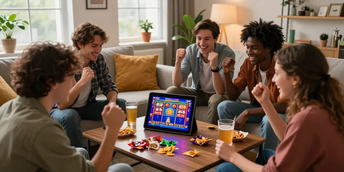 Friends enjoying online slots at non GamStop casinos in a lively living room