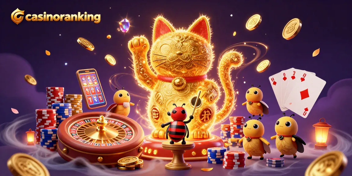 Experience winning fun at casinoranking with a vibrant 3D casino illustration packed with action and symbols.
