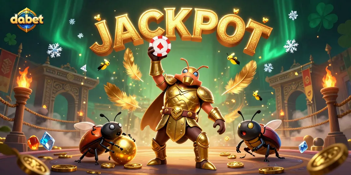 Dabet brings excitement alive with a victorious beetle scene amidst jackpot elements and casino glamour.