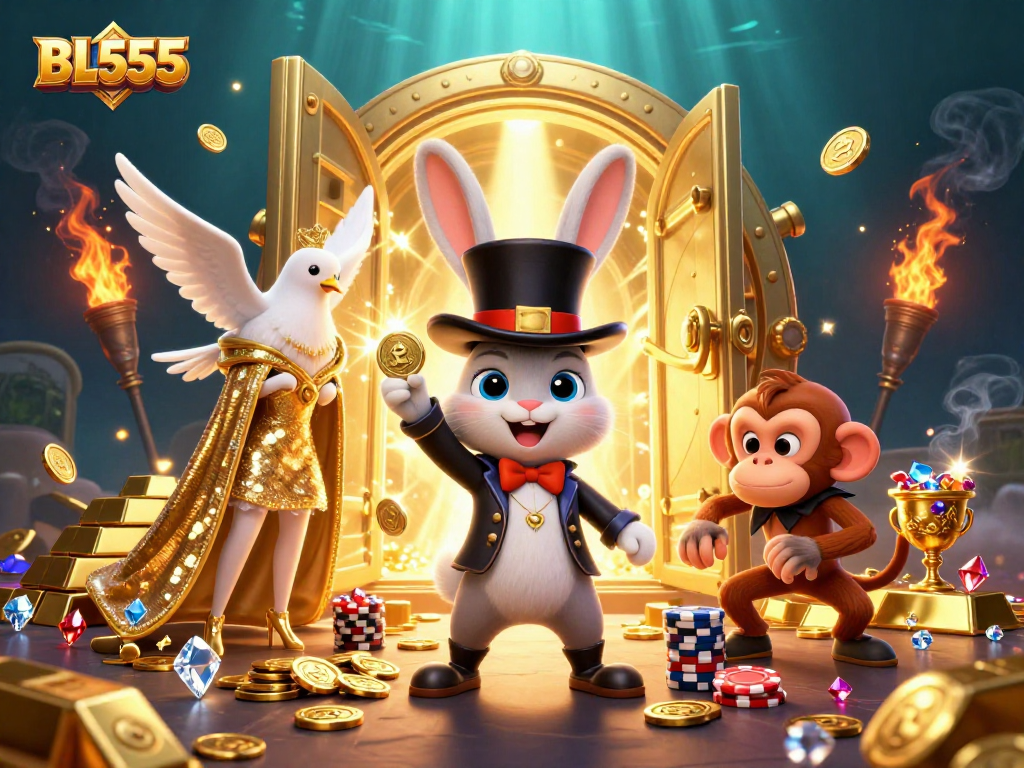 Experience thrilling gaming at BL555, with a magician rabbit and characters amidst a treasure-filled casino.