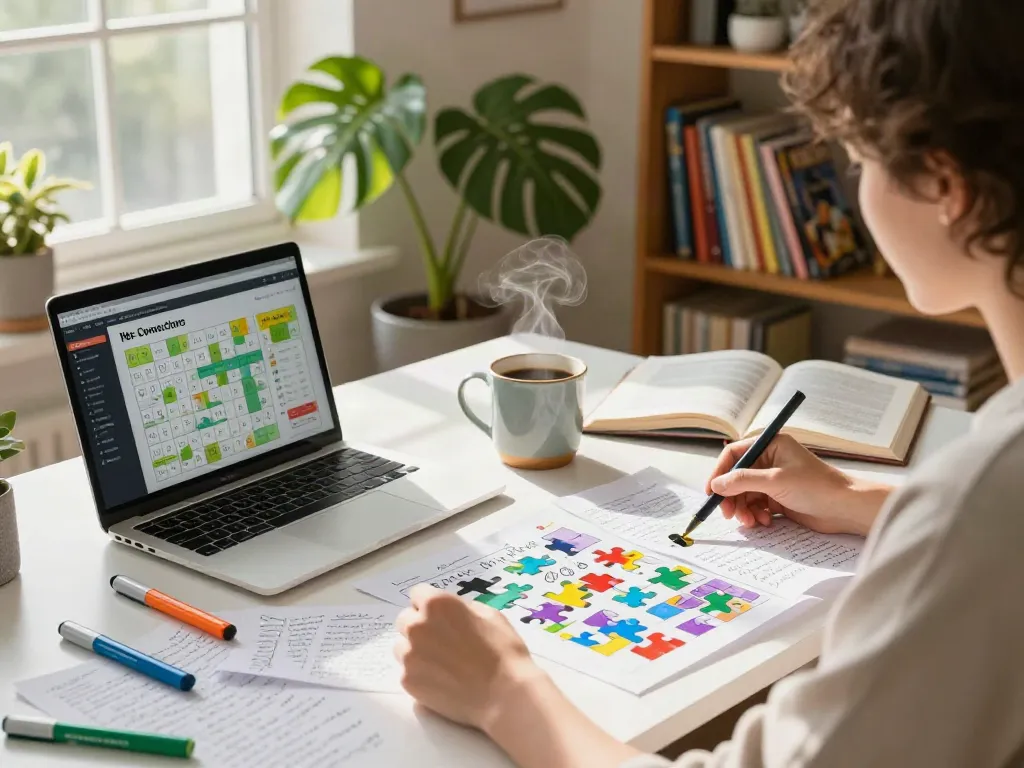 Person brainstorming more hints for the NYT Connections game in a cozy home office