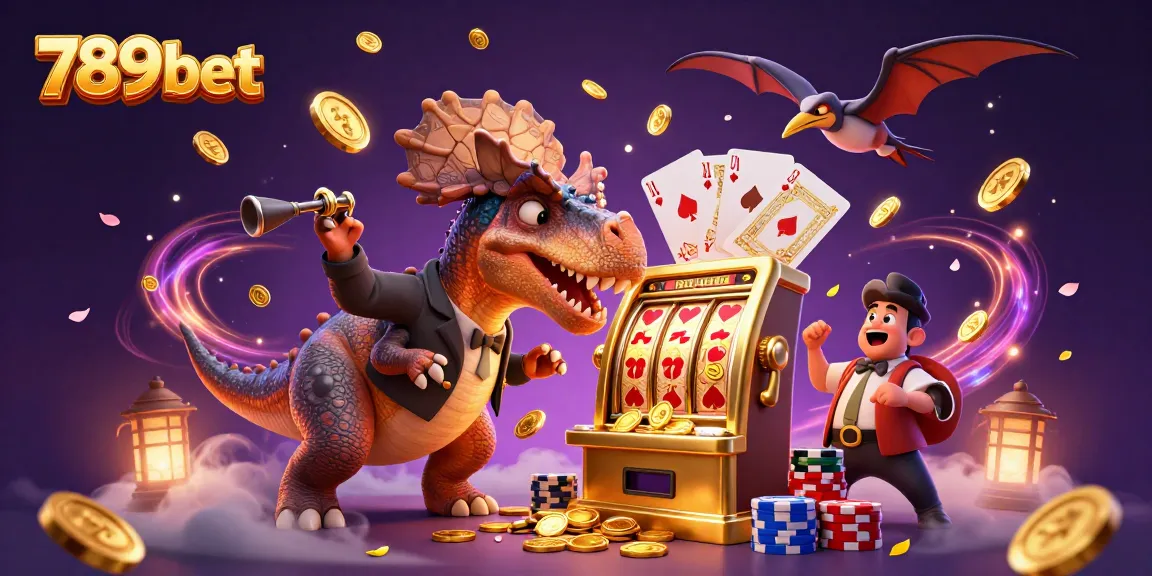 Experience the excitement of 789 bet as the pachycephalosaurus wins the jackpot from the slot machine amidst flying coins.