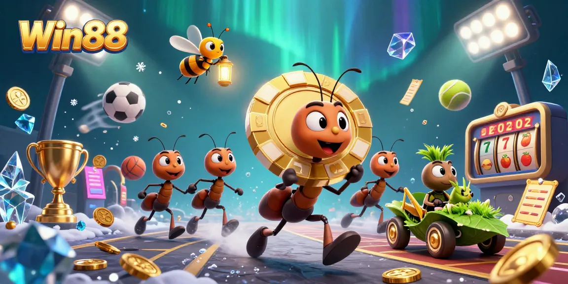 Win88 showcases a thrilling heist with ants, poker, and sports elements in an exciting casino scene.