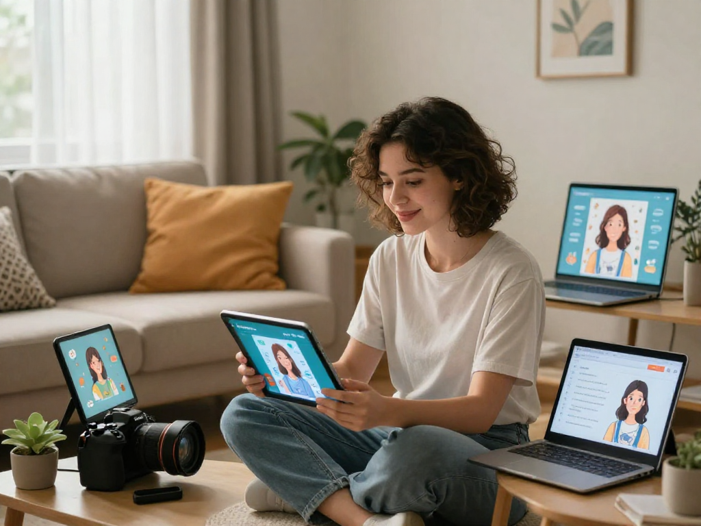 AI girlfriend concept with a young woman interacting with a tablet in a cozy living room, showcasing digital companionship.