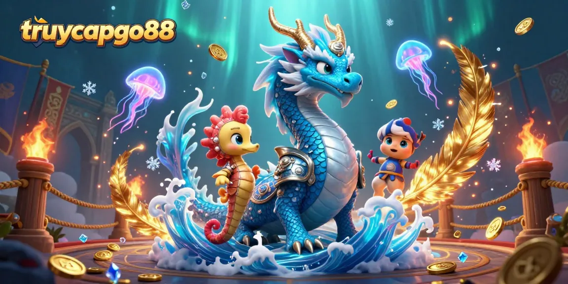 Engage with the exciting world of truycapgo88, featuring a mystical dragon and a seahorse knight in vibrant casino-themed atmosphere.