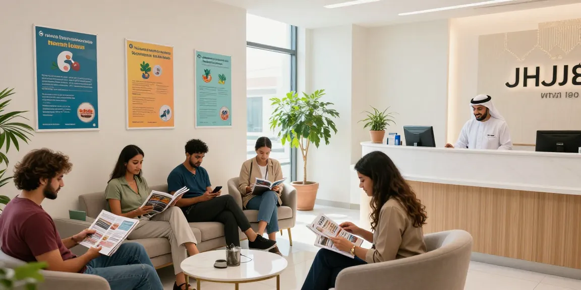ENT clinic Abu Dhabi reception area with diverse patients and friendly staff creating a welcoming atmosphere.