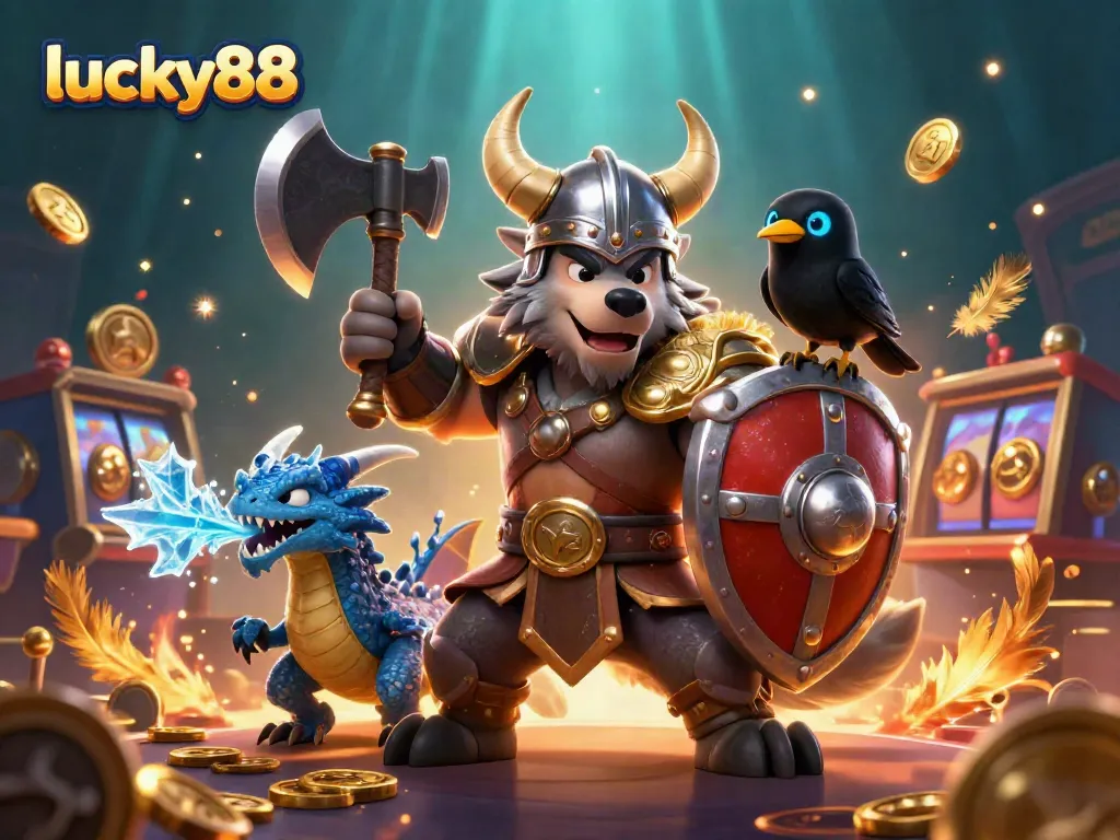Experience thrilling gameplay action in lucky88 with a 3D Viking warrior and dragon amidst swirling gold coins.