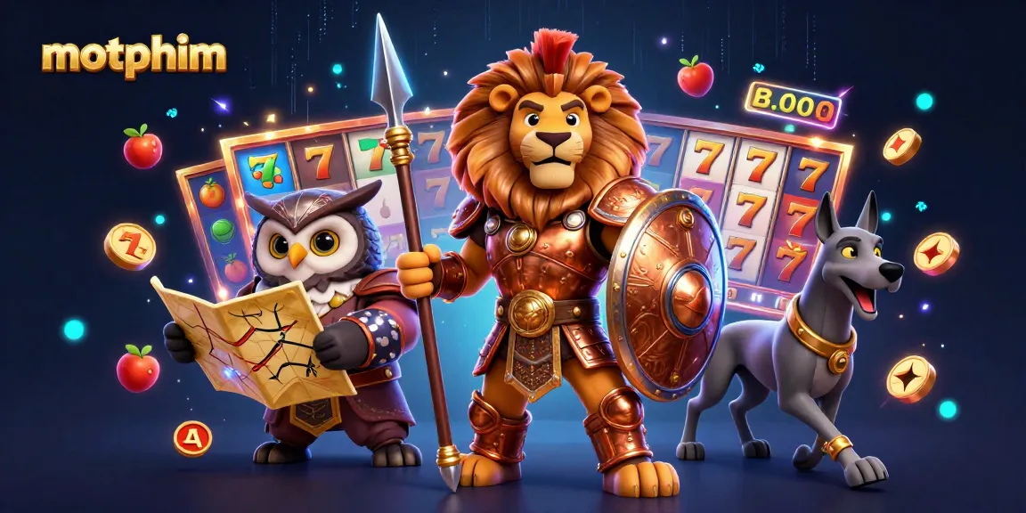 motphim showcases a dynamic casino scene featuring a Spartan lion and owl with jackpot elements.
