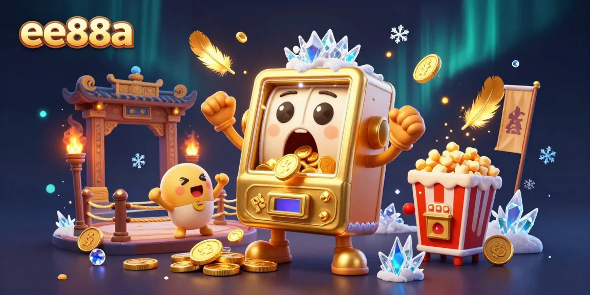 ee88a celebrates a jackpot win with cartoon slot machines and a popcorn machine in a vibrant casino scene.