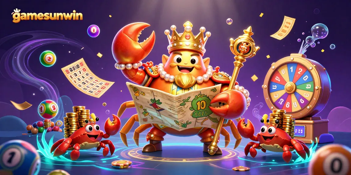 Experience the thrill of gamesunwin with an enchanting illustration of the golden crab emperor surrounded by vibrant gaming elements.