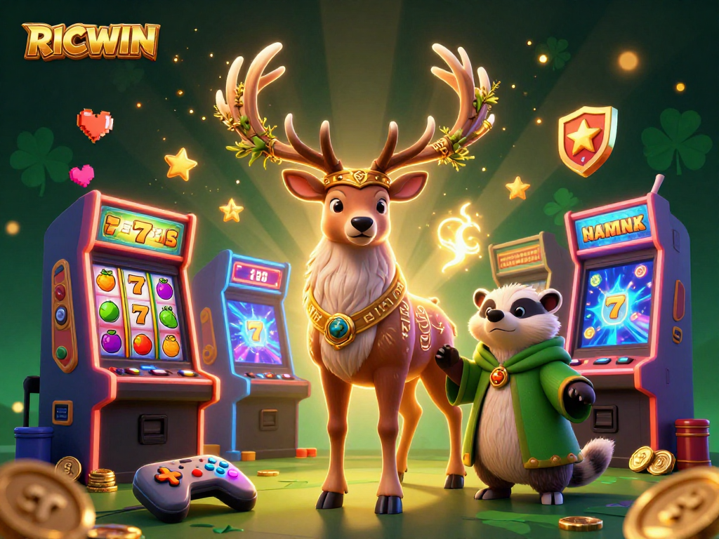Spin to win with RICWIN's magical slots featuring a druid stag and glowing game machines.