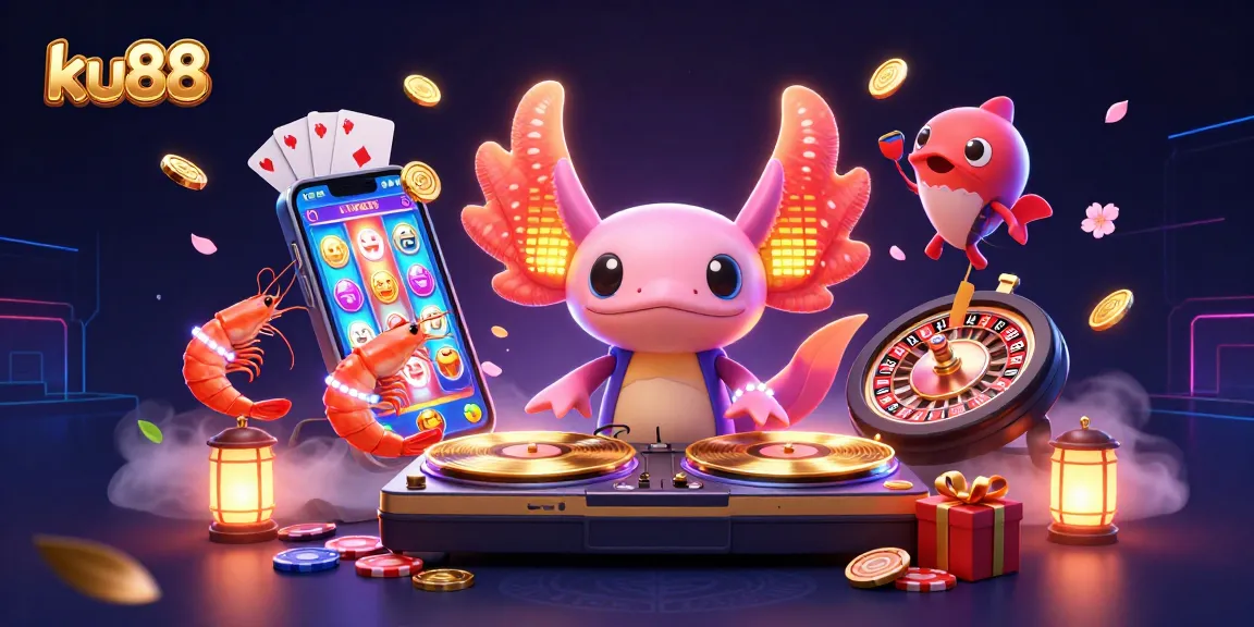 ku88 offers a vibrant casino experience with its animated axolotl DJ and dynamic gaming elements.