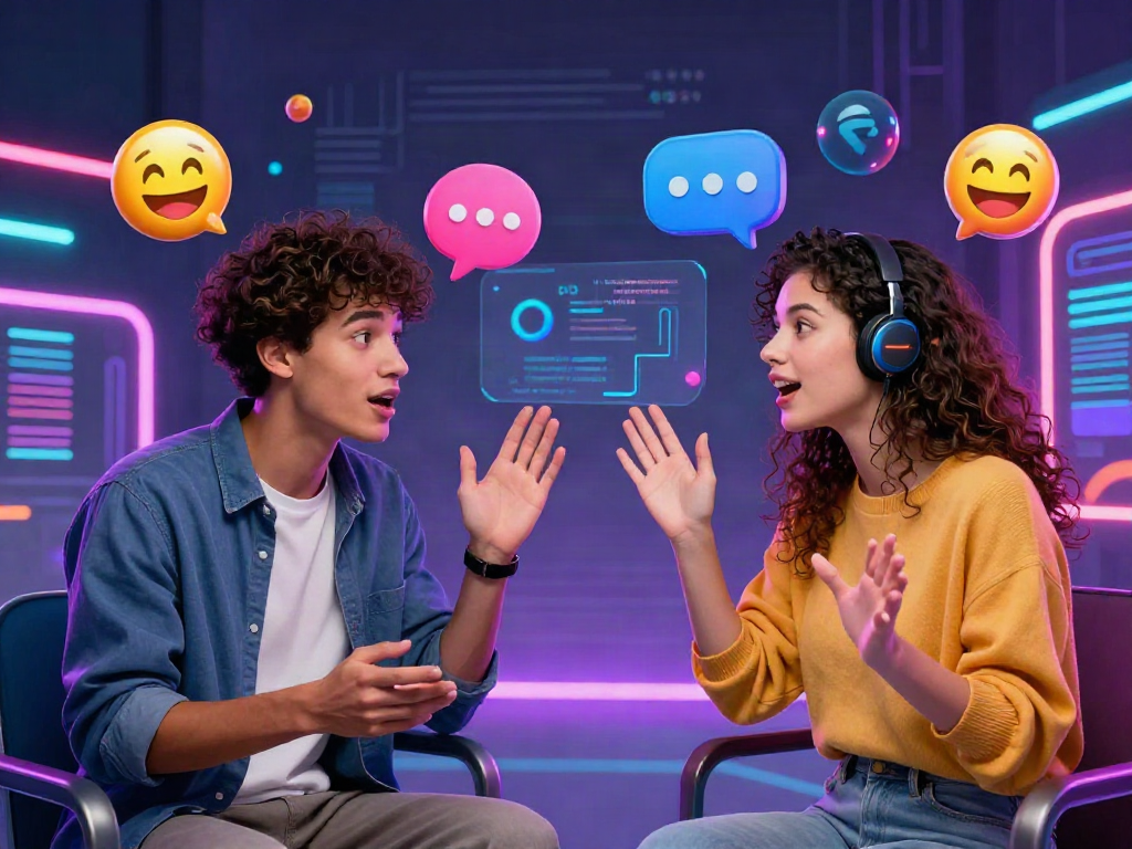 Young adults engaging in vibrant sex chat AI conversation in a modern digital environment