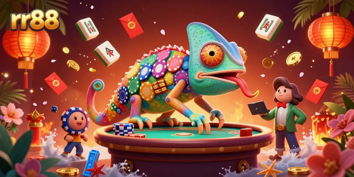 Engage with rr88's vibrant 3D casino scene featuring a playful chameleon owner amidst floating gaming elements.
