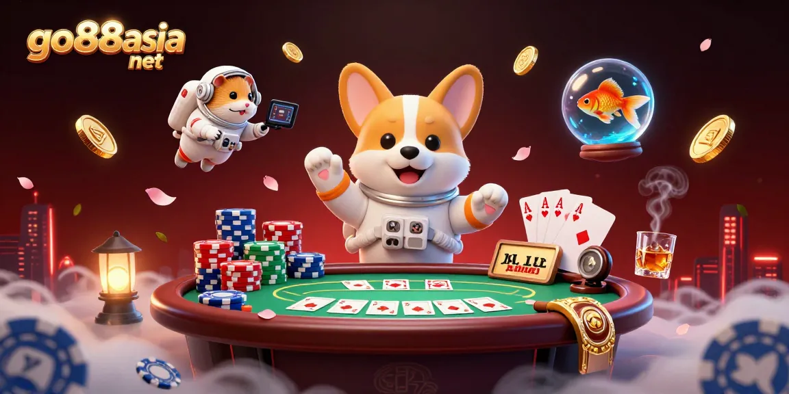 Engage with the excitement at go88asia net, featuring a unique scene of a cartoon astronaut corgi in a zero gravity casino.