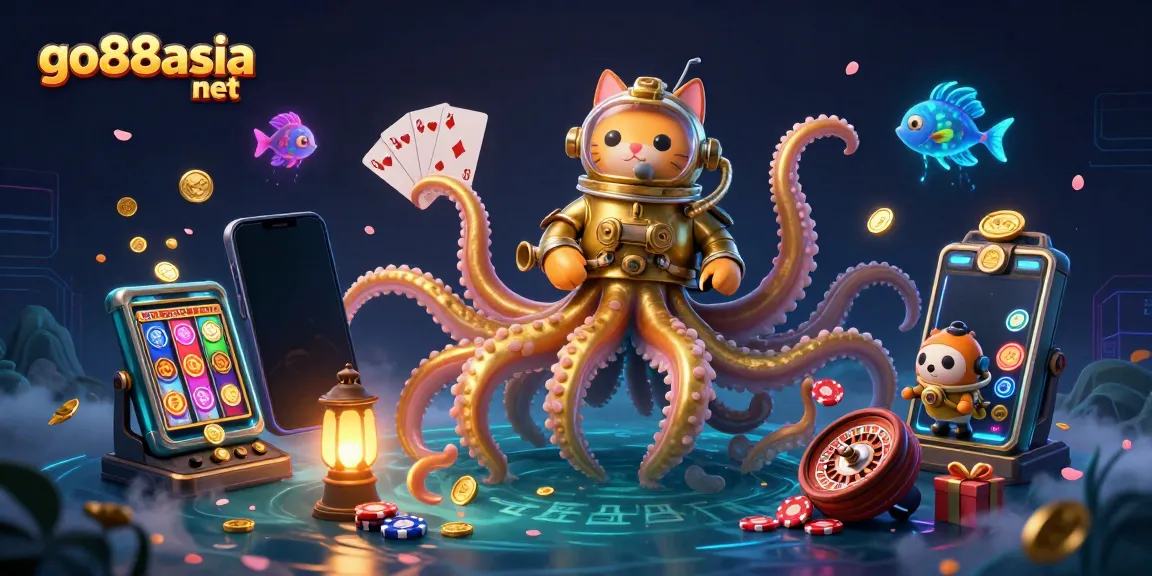 Engage in the dynamic world of go88asia net with an immersive cartoon scene featuring a golden kraken, diving cat, and lively gaming elements.