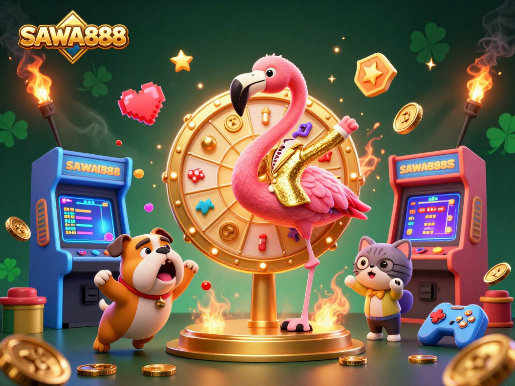 Spin to win on SAWA888 with an exciting game show scene featuring colorful arcade elements.