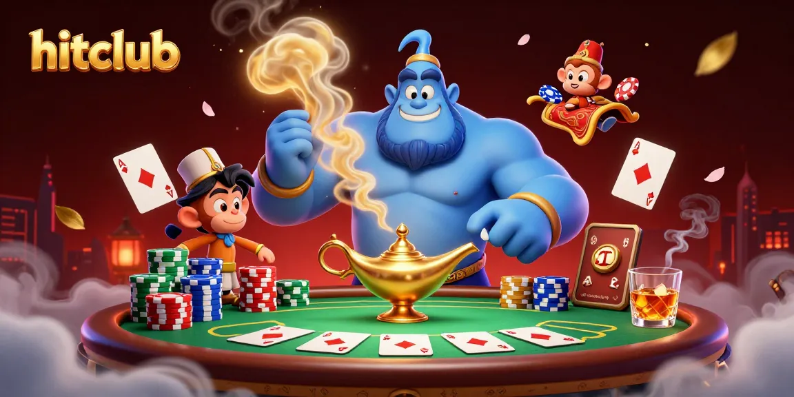 Enhance your play at Hitclub with a magical casino scene featuring a genie, poker chips, and vibrant colors.