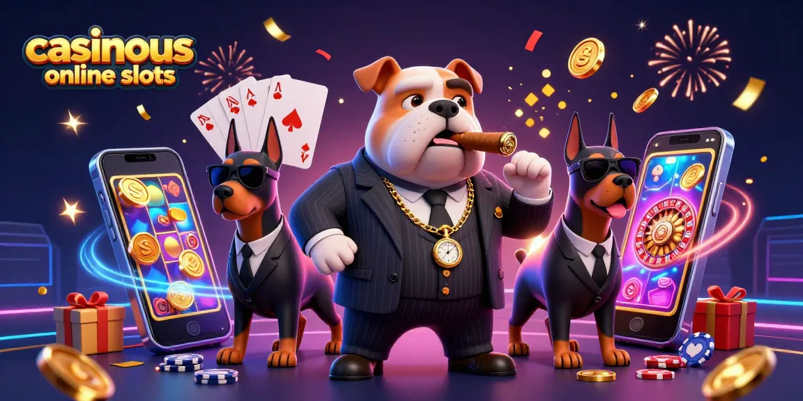 Experience casinous online slots featuring a bulldog mob boss with vibrant slot elements.