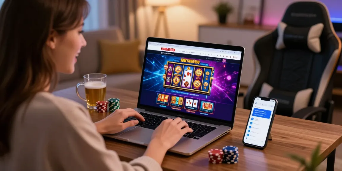 Engaging scene of a woman playing at non GamStop casinos on her laptop in a cozy home setting.