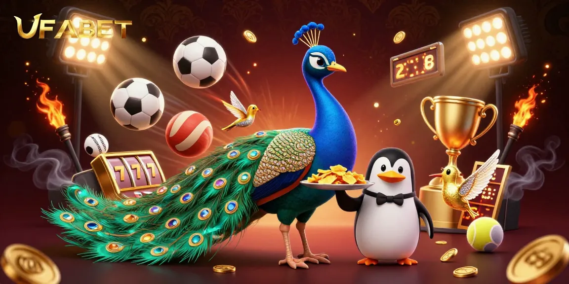 Bet on exciting games at UFABET with rich casino elements and vibrant characters illustrating online gambling fun.