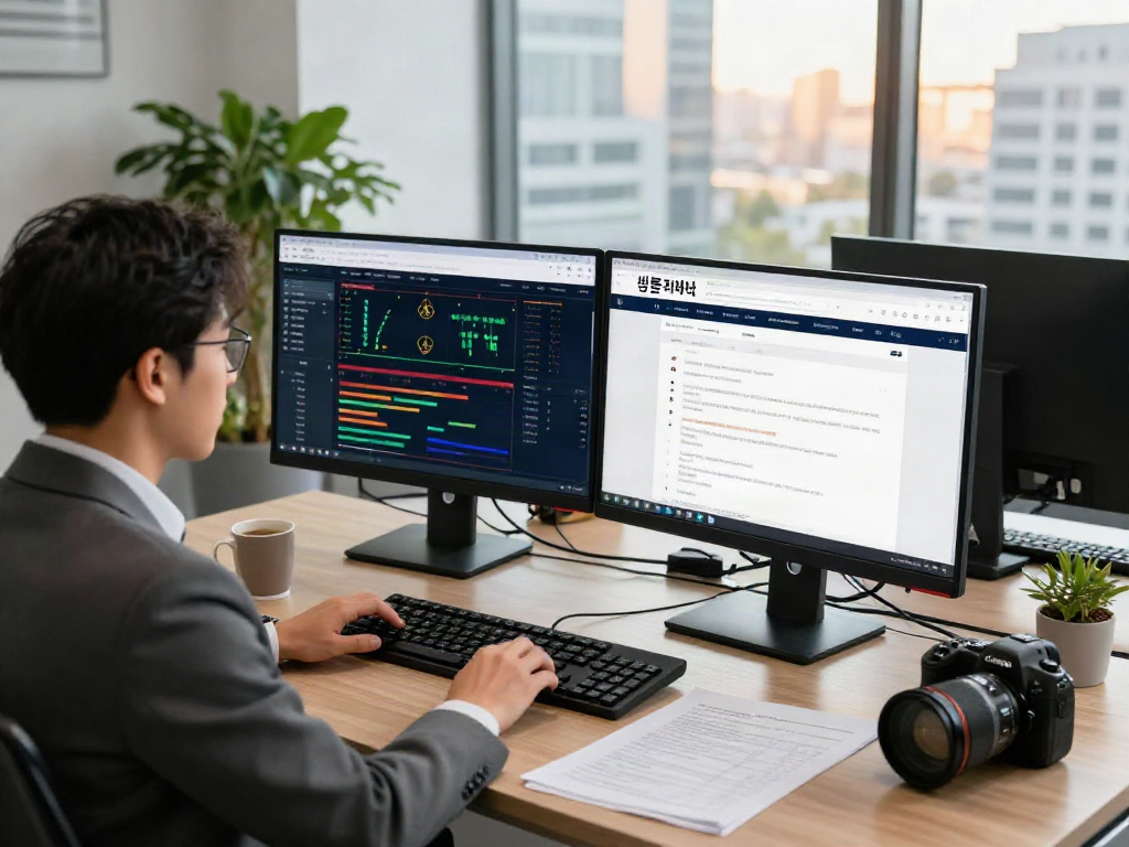 Analyst reviewing 먹튀검증 추천 먹튀스팟 site in modern office setting for gambling security.