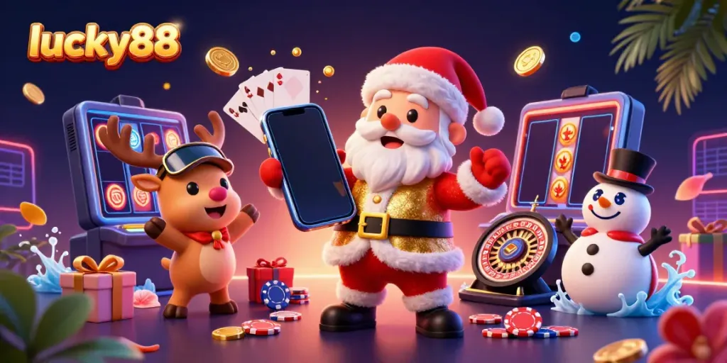 Experience lucky88’s thrilling slots with a festive scene of Santa, a reindeer, and a snowman