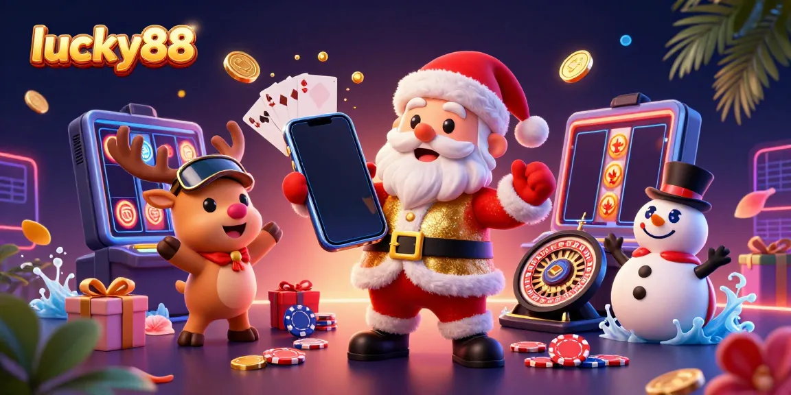 Experience lucky88’s thrilling slots with a festive scene of Santa, a reindeer, and a snowman