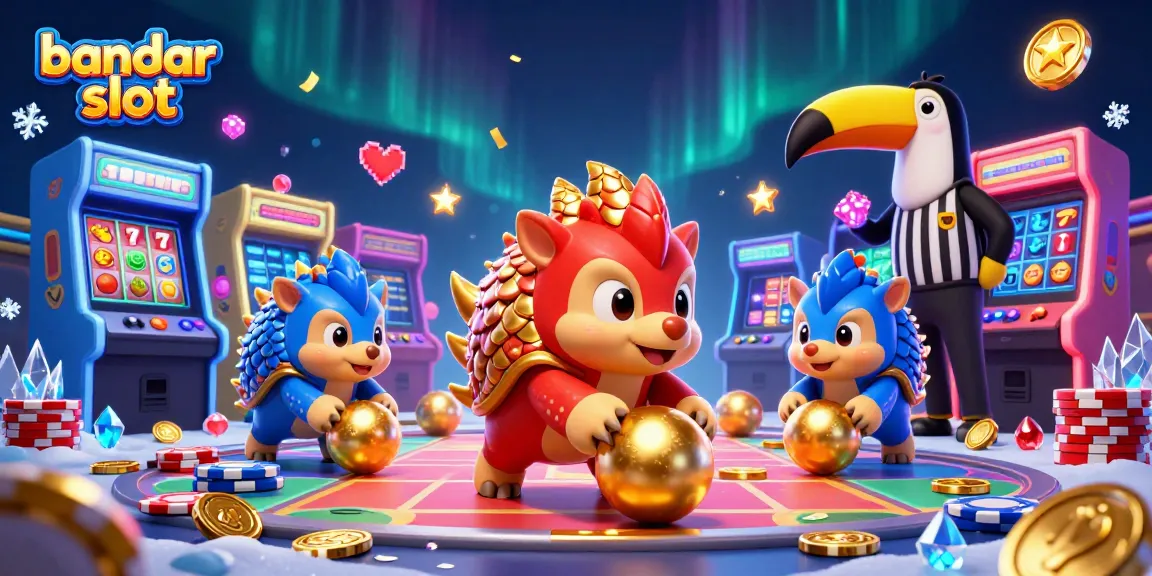 Engage with bandar slot action as animated pangolins roll through poker chips in this vibrant casino scene.