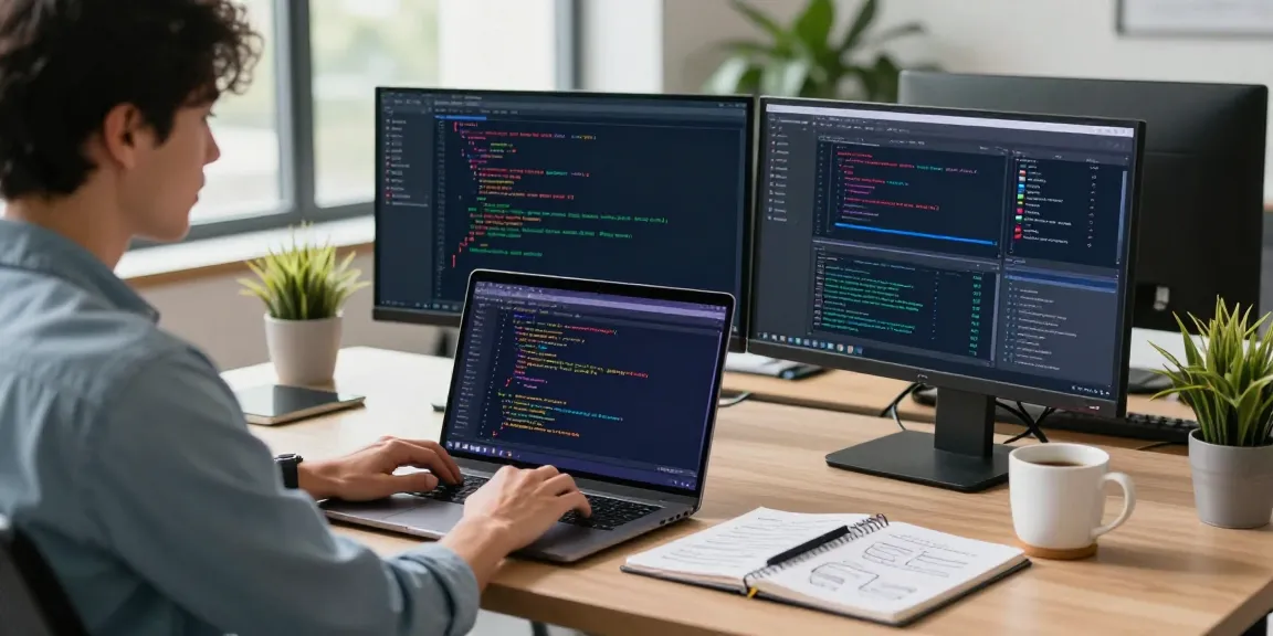 Developer utilizing instant indexing tools in a modern workspace with vibrant displays.