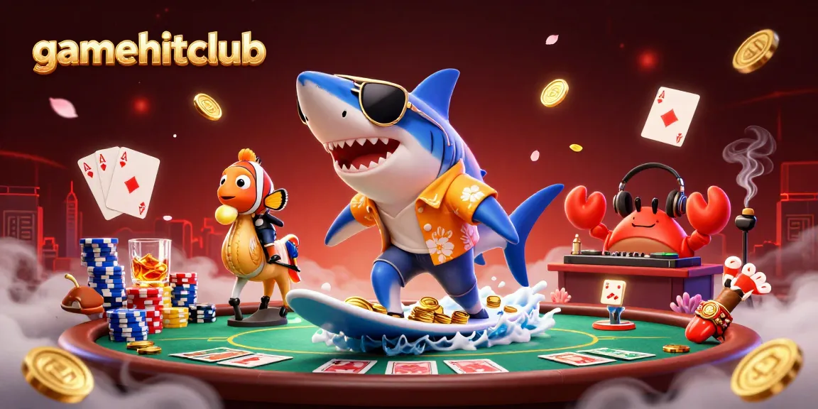 gamehitclub showcases a lively scene with a shark surfing gold coins, vibrant poker elements, and colorful characters