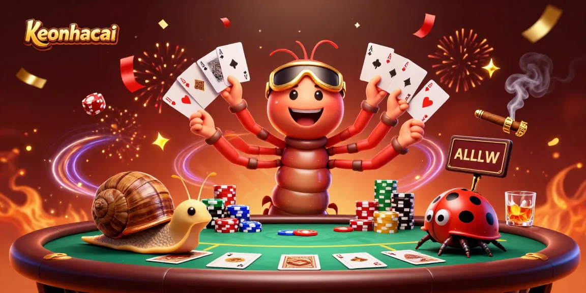 Engage with keonhacai excitement as a cartoon millipede dealer displays cards and chip stacks.
