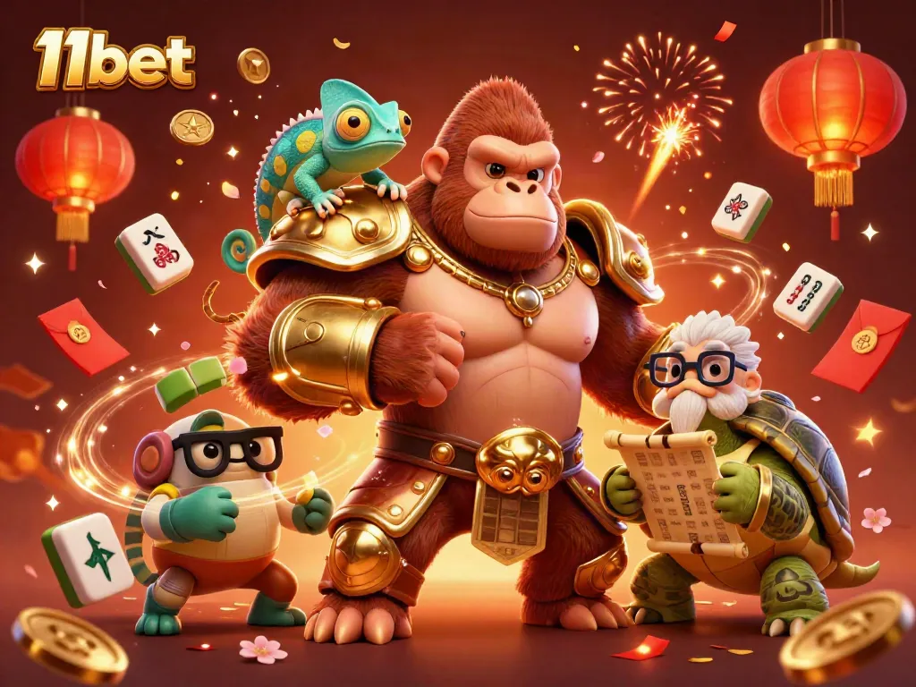 Engage in thrilling gaming at 11bet with vibrant 3D casino characters and festive elements.