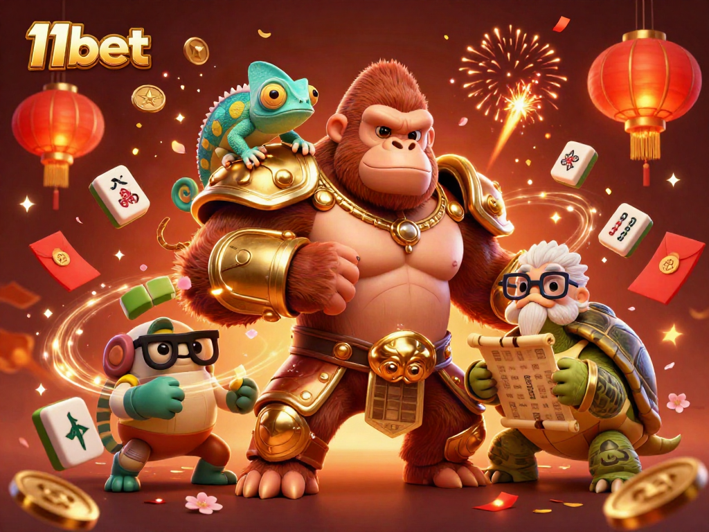 Engage in thrilling gaming at 11bet with vibrant 3D casino characters and festive elements.